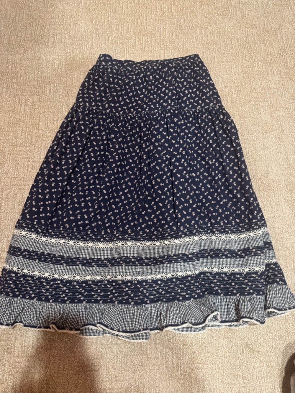Doen navy blue floral gingham organic cotton maxi skirt m